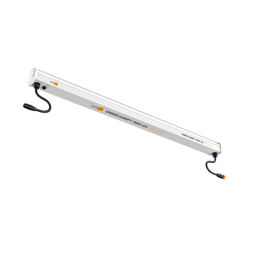 Angle view of a white Gavita under canopy 150W LED light bar with black power cables.
