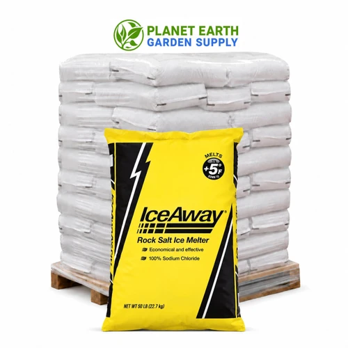 Compass Minerals IceAway commercial rock salt crystals in bulk 50-pound bags at PlanetEarthGardenSupply.com.