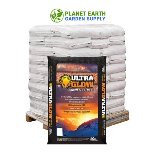 UltraGlow Ice Melt with CMA in 50-pound bags for snow and ice control at PlanetEarthGardenSupply.com.