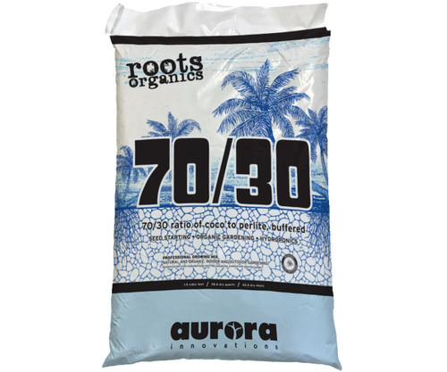 A white and blue Roots Organics 70/30 growing mix bag with palm trees and large text.