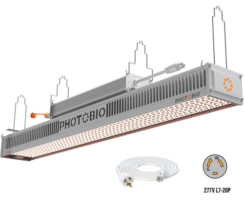 PHOTOBIO TX2 LED grow light with hanging brackets, power cord, and plug diagram.