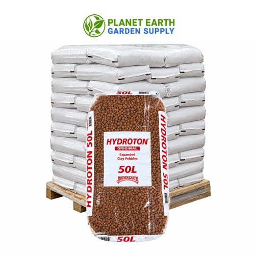 Mother Earth Hydroton Original 50-liter bags of expanded clay pebbles for full truckload orders.