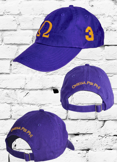 Omega Psi Phi vintage purple dad cap with line number on the left side. All embroidery is done in old gold.   