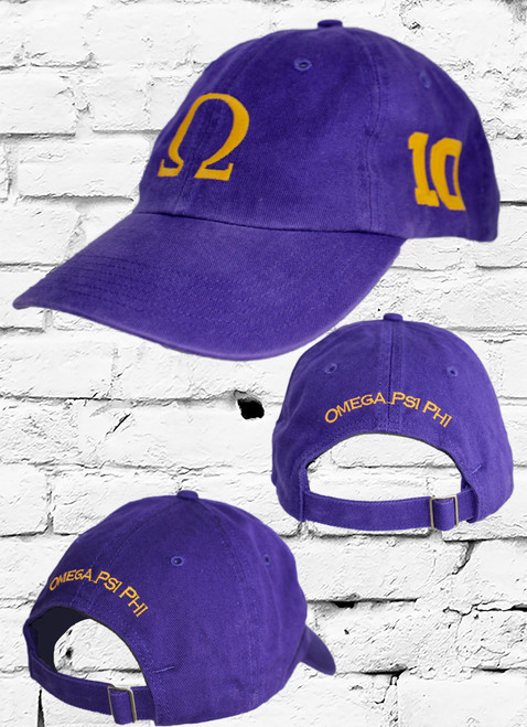 Omega Psi Phi #10 vintage cap is a classic purple dad cap. Embroidered old gold front Omega "Ω", left side embroidered line number and rear Omega Psi Phi lettering.