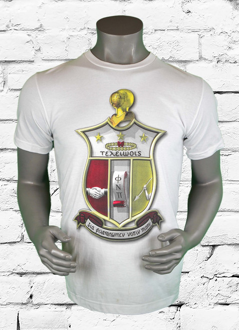 ΚΑΨ coat of arms shirt is a white short sleeve t-shirt with a 3 dimensional Kappa Alpha Psi shield placed on the center chest area. The oversized print allows for great detail. 