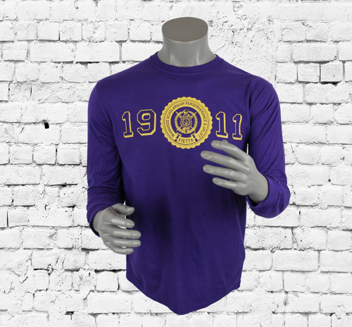 Classic long-sleeve tee with a heritage-inspired Omega Psi Phi logo graphic shirt. Crew neckline and straight hem. Imported