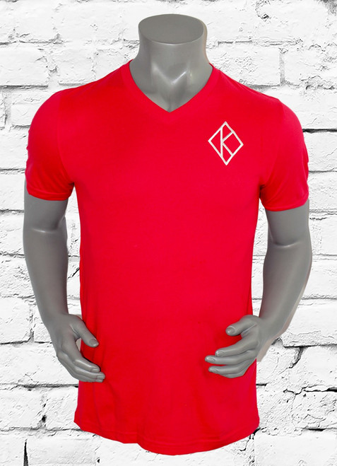 Kappa Signature tee is a comfortable cotton shirt with a v-neckline and iconic diamond K at left chest. Red shirt with white embroidered design.