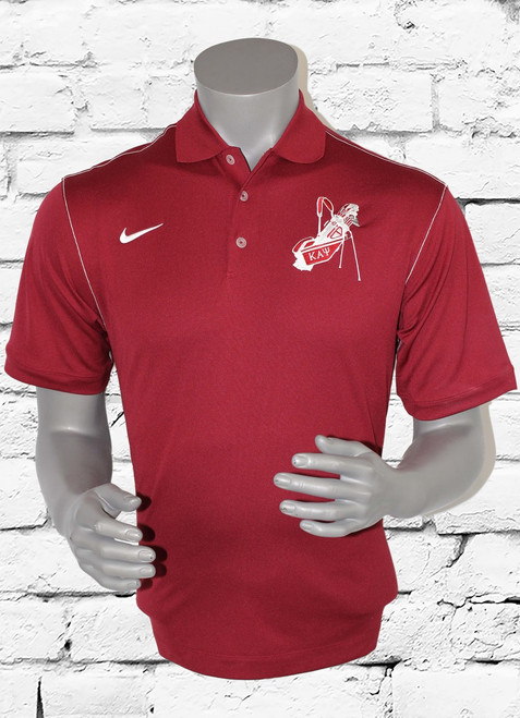 Kappa Alpha Psi golf polo is crimson with contrast stitch to offer a classic style while staying dry through heated rounds of golf with Dri-FIT moisture management technology. Design details include a flat knit collar, pearlized buttons and open hem sleeves. Features a three-button placket and side vents. The contrast Swoosh design trademark is embroidered on the right chest. The left chest has a original embroidered ΚΑΨgolf bag.  Made of 5.6-ounce, 100% polyester Dri-FIT fabric. 