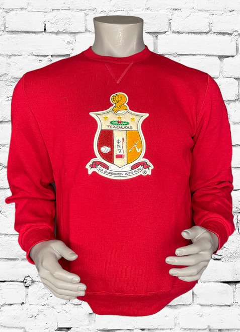 Crimson crew sweatshirt made with Dri-Power® Fleece features moisture-wicking fabric, ribbed cuffs and waistband, and three-end fleece. Stay dry as you sweat. Chenille embroidered Kappa Alpha Psi® shield on center chest.