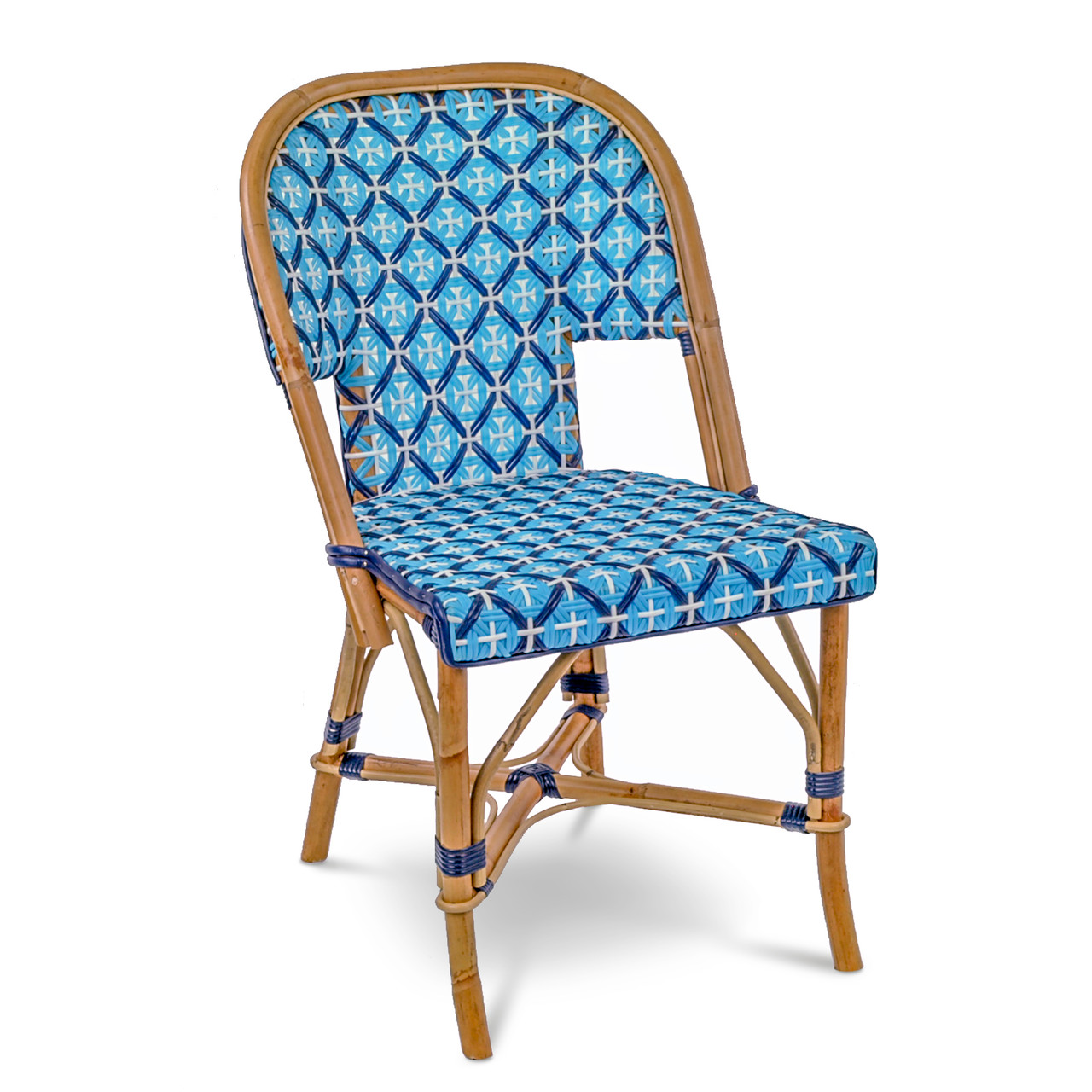 Saint Tropez French Bistro Rattan Chair - Crosses - Sky Blue/Navy
