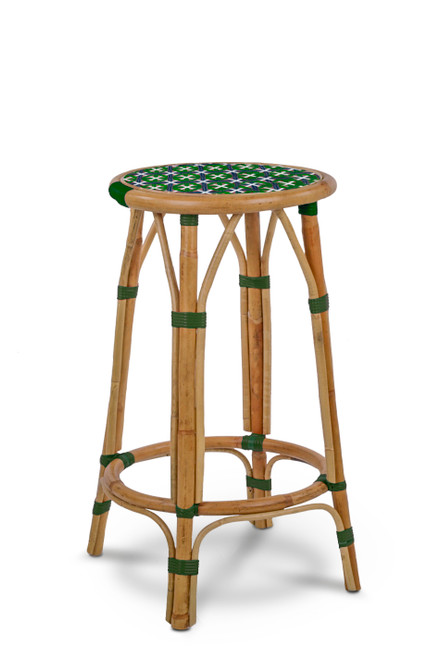 Valence French Bistro Rattan Counter Stool - Crosses - Green/Navy Blue/White