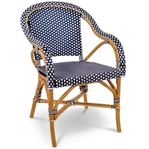 Paris French Bistro Rattan Armchair - Small Squares - Navy Blue/White