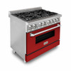 ZLINE Bundle Package - 36" Dual Fuel Range W/ Red Matte Door with 36" Wall Mount Range Hood