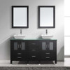 Virtu USA MD-4305-G-ES Bradford 60" Double Bath Vanity in Espresso with Aqua Tempered Glass Top and Square Sink with Polished Chrome Faucet and Mirrors