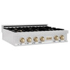 ZLINE Autograph Edition 36" Porcelain Rangetop with 6 Gas Burners in DuraSnow Stainless Steel and Gold Accents RTSZ-36-G