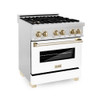 ZLINE Autograph Edition 30" 4.0 cu. ft. Dual Fuel Range with Gas Stove and Electric Oven in DuraSnow Stainless Steel with White Matte Door and Gold Accents (RASZ-WM-30-G)