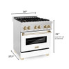 ZLINE Autograph Edition 30" 4.0 cu. ft. Dual Fuel Range with Gas Stove and Electric Oven in DuraSnow Stainless Steel with White Matte Door and Gold Accents (RASZ-WM-30-G)