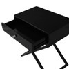 Lilola Home Koda Black Wooden End Side Table Nightstand with Glass Top, Drawer and Metal Cross Base 98002BK
