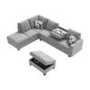 Lilola Home Remi Light Gray Velvet Reversible Sectional Sofa with Dropdown Table, Charging Ports, Cupholders, Storage Ottoman, and Pillows 87714
