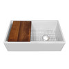 Whitehaus 33" Reversible Single Bowl Fireclay Sink Set With A Smooth Front Apron, Walnut Wood Cutting Board And Stainless Steel Grid - WHLW3319