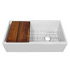 Whitehaus 36" Reversible Single Bowl Fireclay Sink Set With A Smooth Front Apron, Walnut Wood Cutting Board And Stainless Steel Grid - WHLW3619