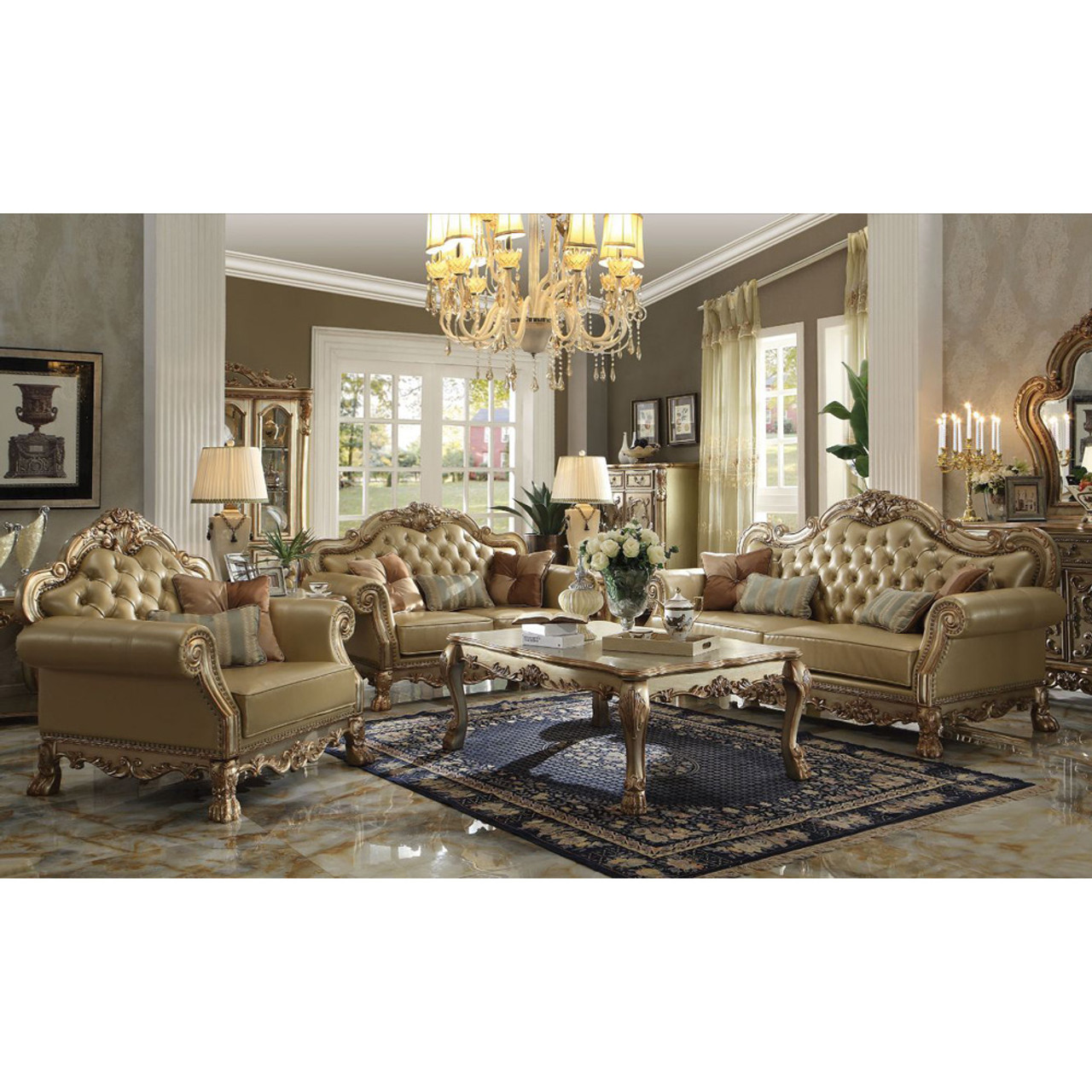 ACME 53160 Dresden Sofa with 4 Pillows, Bone PU & Gold Patina