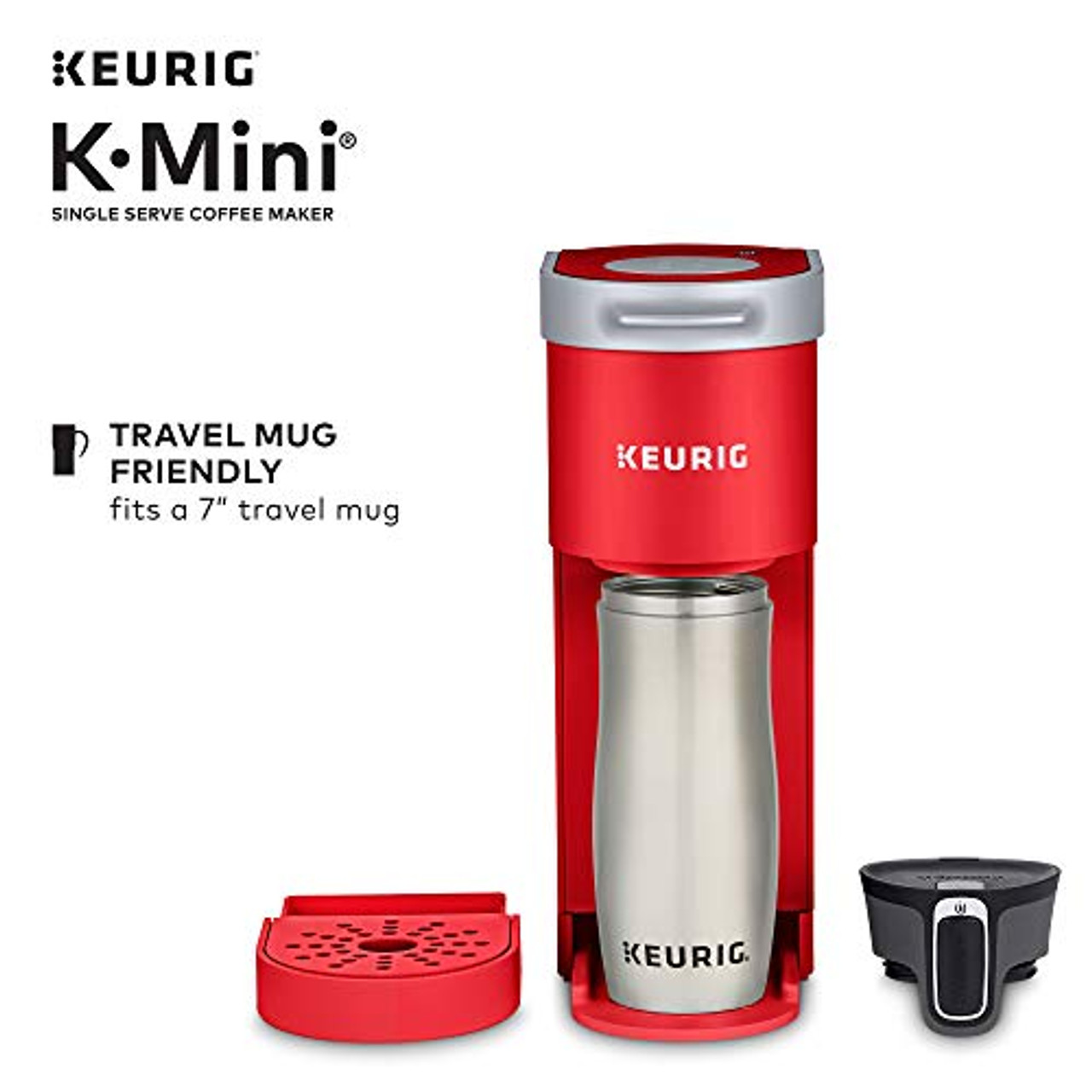 Keurig K-Mini Single Serve K-Cup Pod Coffee Maker, Poppy Red & Travel Mug  Fits K-Cup Pod Coffee Maker, 1 Count (Pack of 1), Stainless Steel