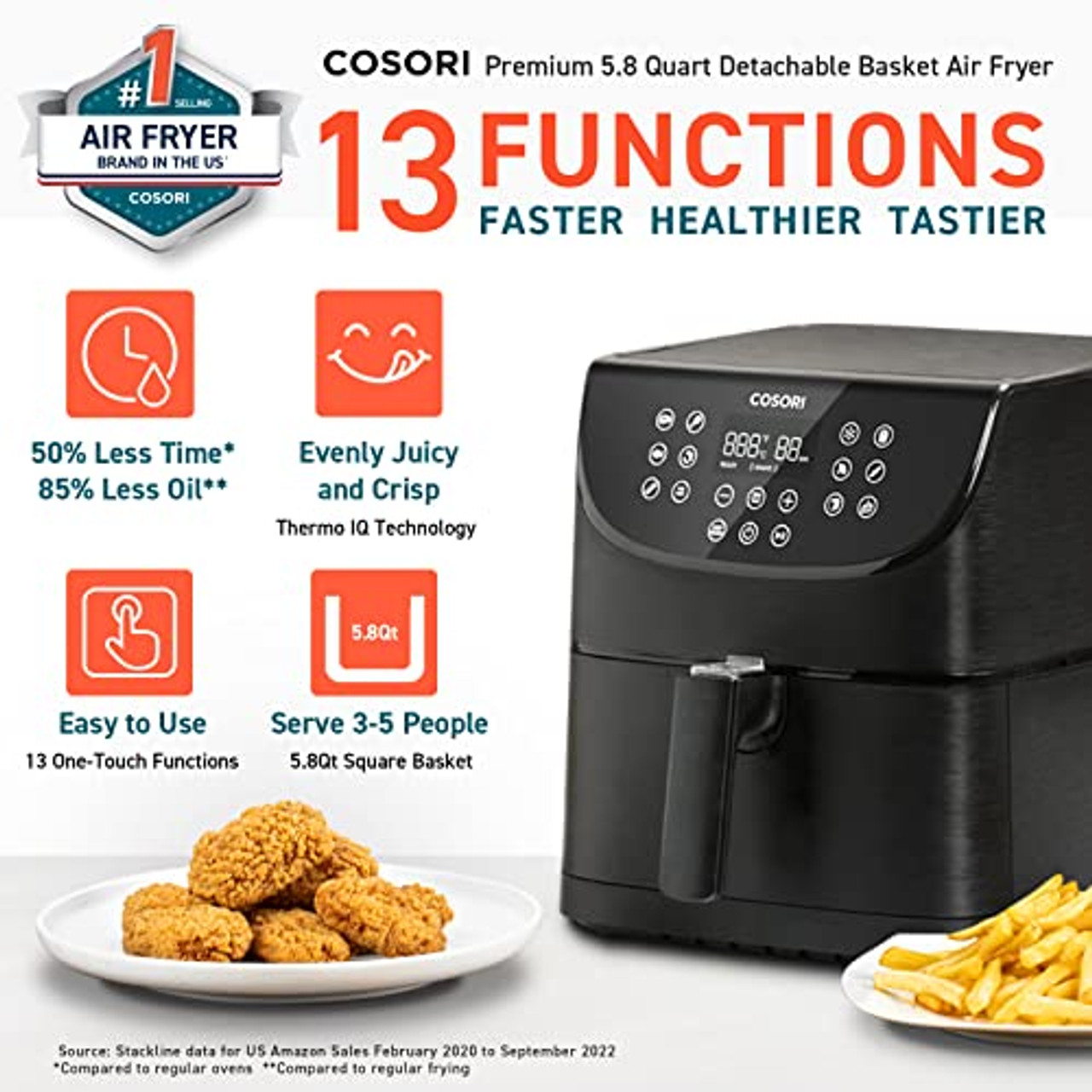 COSORI Air Fryer Oven Combo 5.8QT Max Xl Large Cooker (Cookbook with 100  Recipes), One-Touch Screen with 11 Precise Presets and Shake Reminder,  Nonstick and Dishwasher-Safe Square Design Basket, Black 