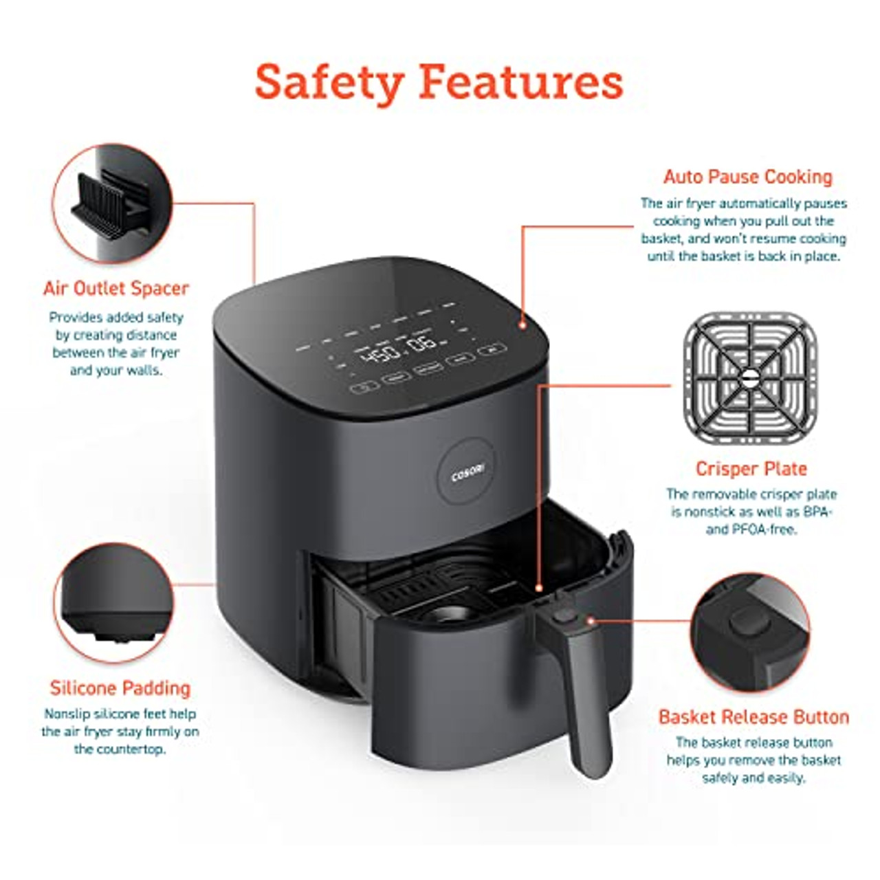 Air Fryer 5 Qt Fast And Convenient Meals, Up To 450°F, Quiet Operation, 85%  Less Oil, 10 Customizable Functions In 1, Compact, Dishwasher Safe, Grey f