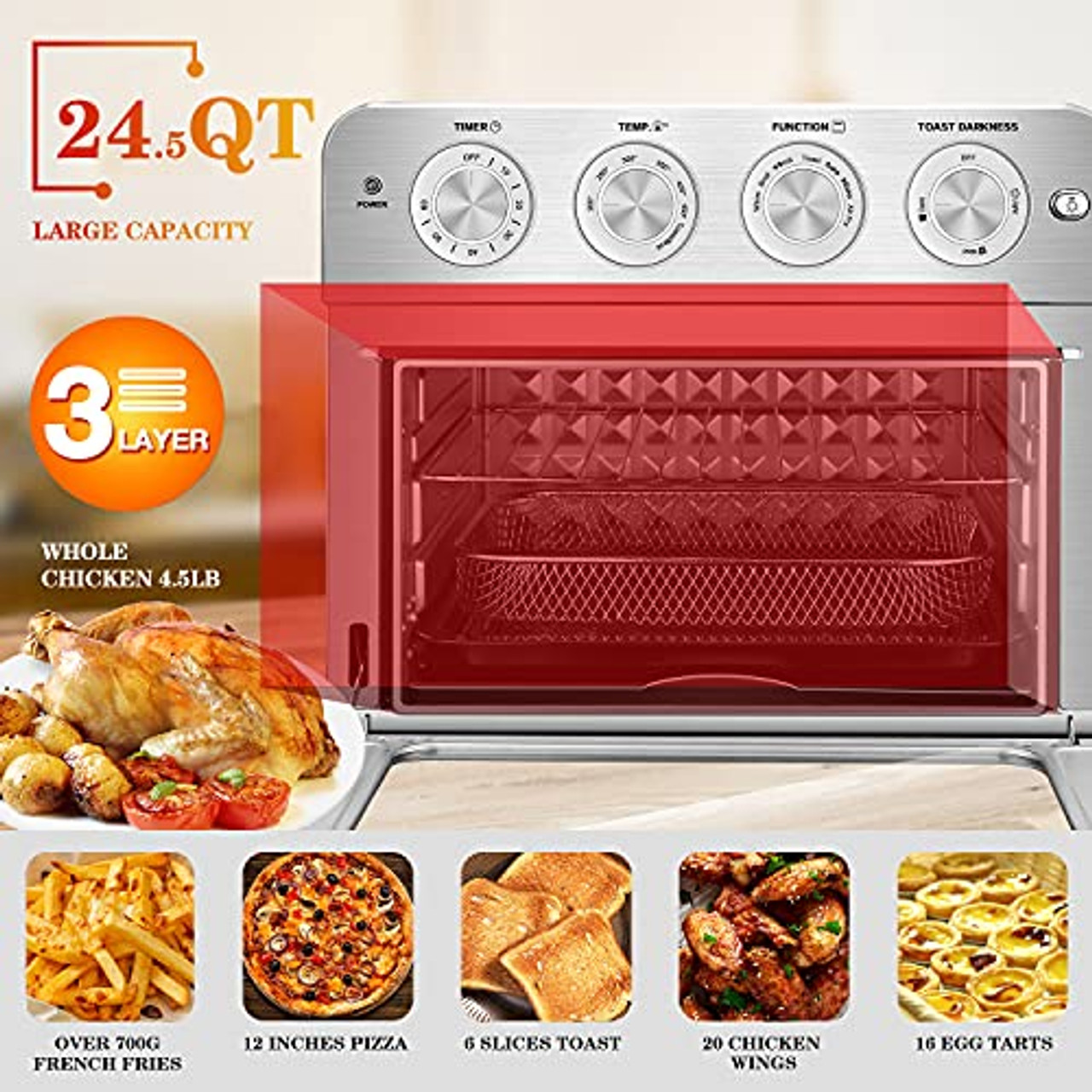 Geek Chef Air Fryer Toaster Oven Combo, 4 Slice Toaster Convection Air Fryer Oven Warm, Broil, Toast, Bake, Air Fry, Oil-Free, Accessories Included, S