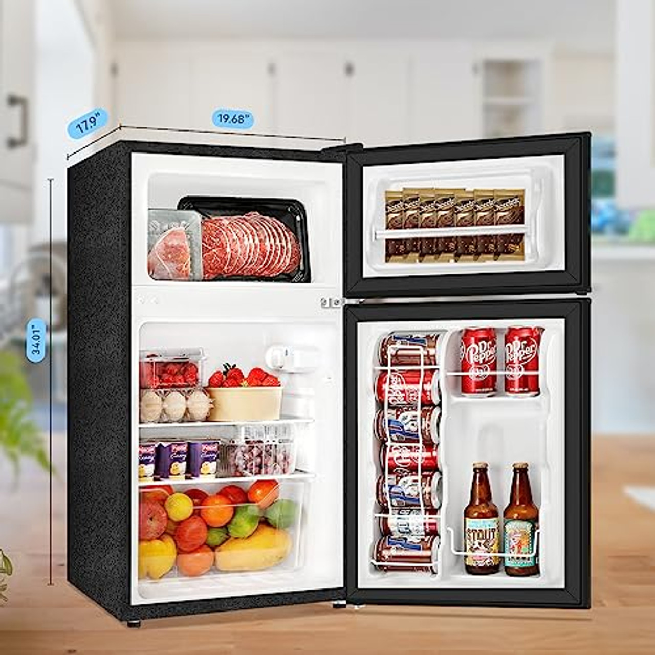  3.2 CU.FT. Mini Dorm Refrigerator Compact Fridge Small Fridge  with Freezer for Home Office Bedroom Dorm,Low Noise,Adjustable  Temperature,Reversible Door,Black : Home & Kitchen