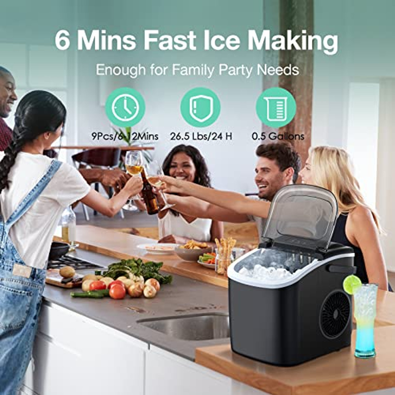 Countertop Ice Maker, Ice Maker Machine 6 Mins 9 Bullet Ice, 26.5lbs/24Hrs,  Portable Ice
