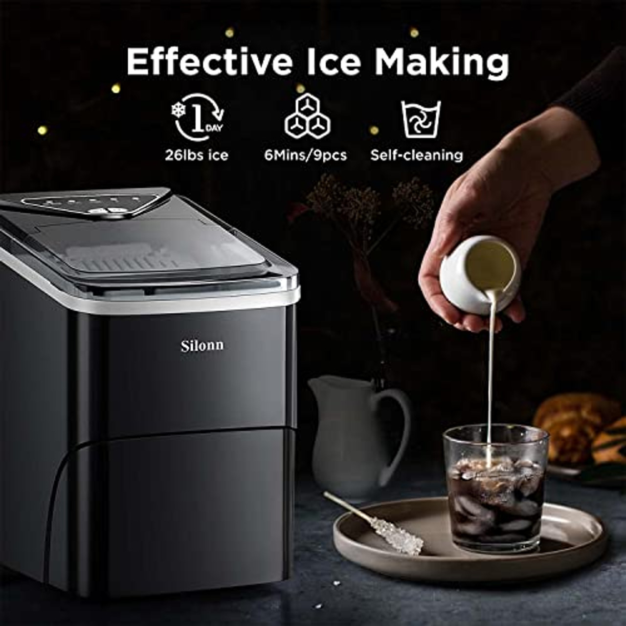 Silonn Countertop Ice Maker, 9 Cubes Ready in 6 Mins, 26lbs in 24Hrs,  Self-Cleaning Ice Machine with Ice Scoop and Basket, 2 Sizes of Bullet Ice  for