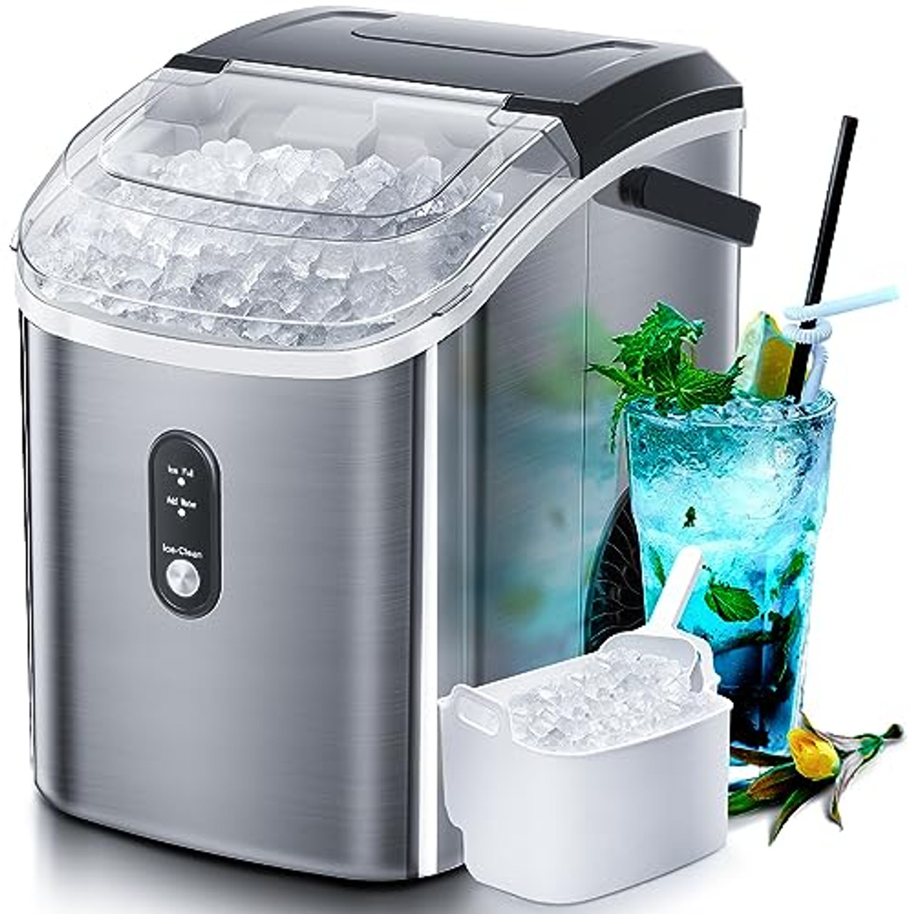 Nugget Countertop Ice Maker with Soft Chewable Ice, 34lbs/24H, Pebble Portable Ice Machine with Ice Scoop, Self-Cleaning - Silver