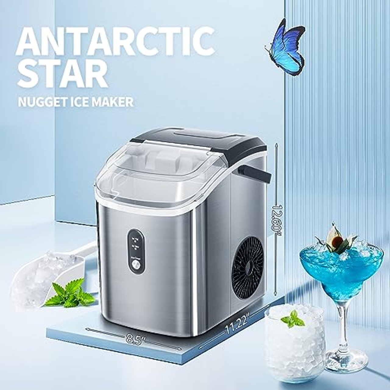 Silonn Ice Makers Countertop, 9 Cubes Ready in 6 Mins, 26lbs in 24Hrs,  Self-Cleaning Ice Machine with Ice Scoop and Basket (Stainless Steel)