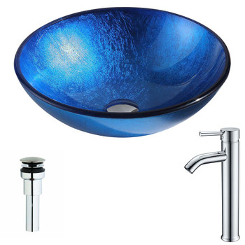 ANZZI Clavier Series Deco-Glass Vessel Sink in Lustrous Blue with Fann Faucet in Chrome LSAZ027-041