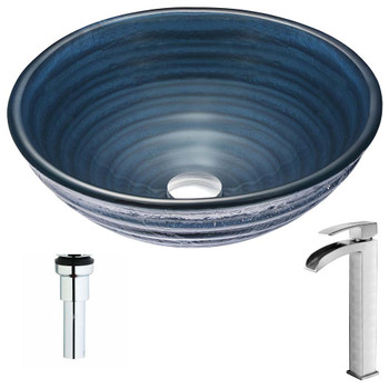 ANZZI Tempo Series Deco-Glass Vessel Sink in Coiled Blue with Key Faucet in Polished Chrome LSAZ042-097