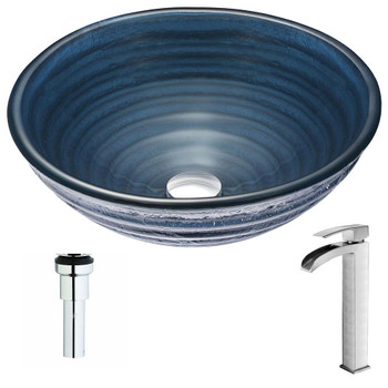 ANZZI Tempo Series Deco-Glass Vessel Sink in Coiled Blue with Key Faucet in Brushed Nickel LSAZ042-097B