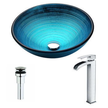 ANZZI Enti Series Deco-Glass Vessel Sink in Lustrous Blue with Key Faucet in Polished Chrome LSAZ045-097