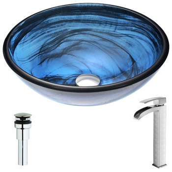 ANZZI Soave Series Deco-Glass Vessel Sink in Sapphire Wisp with Key Faucet in Brushed Nickel LSAZ048-097B