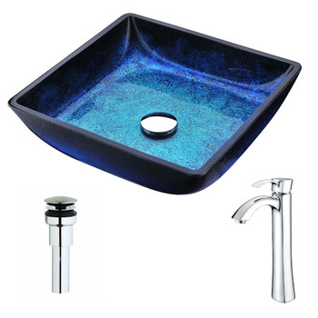 ANZZI Viace Series Deco-Glass Vessel Sink in Blazing Blue with Harmony Faucet in Chrome