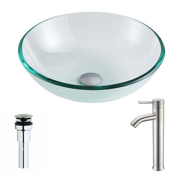 ANZZI Etude Series Deco-Glass Vessel Sink in Lustrous Clear with Fann Faucet in Brushed Nickel