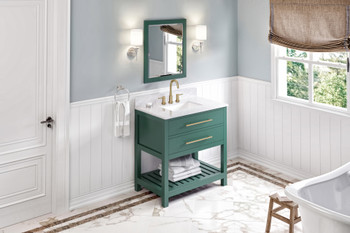 Jeffrey Alexander 36" Forest Green Wavecrest Vanity, White Carrara Marble Vanity Top, undermount rectangle bowl VKITWAV36GNWCR