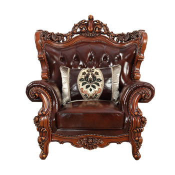 ACME 53067 Eustoma Chair w/1 Pillow, Cherry Top Grain Leather Match & Walnut (1Set/2Ctn)