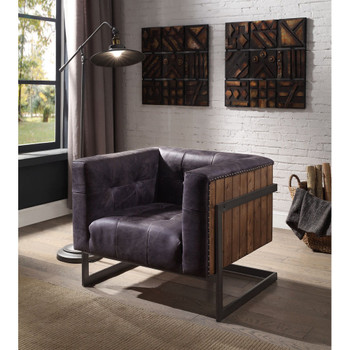 ACME 59667 Sagat Accent Chair, Antique Ebony Top Grain Leather & Rustic Oak