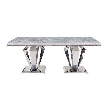 ACME Satinka Dining Table, Light Gray Printed Faux Marble & Mirrored Silver Finish