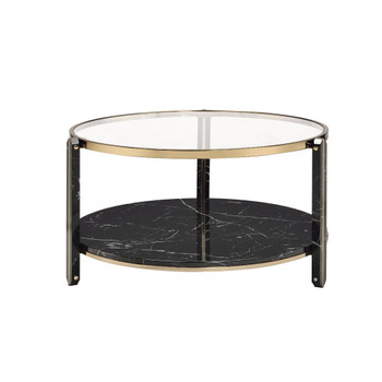 ACME Thistle Coffee Table, Clear Glass, Faux Black Marble & Champagne Finish