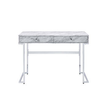 ACME Tigress Writing Desk, White Printed Faux Marble & Chrome Finish