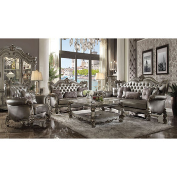 ACME Versailles Loveseat w/4 Pillows, Silver PU & Antique Platinum