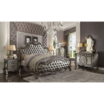 ACME Versailles II California King Bed, Silver PU & Antique Platinum (1Set/3Ctn)